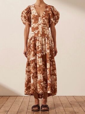 Shona Joy Brown and Cream Floral Puff-Sleeve Midi Dress